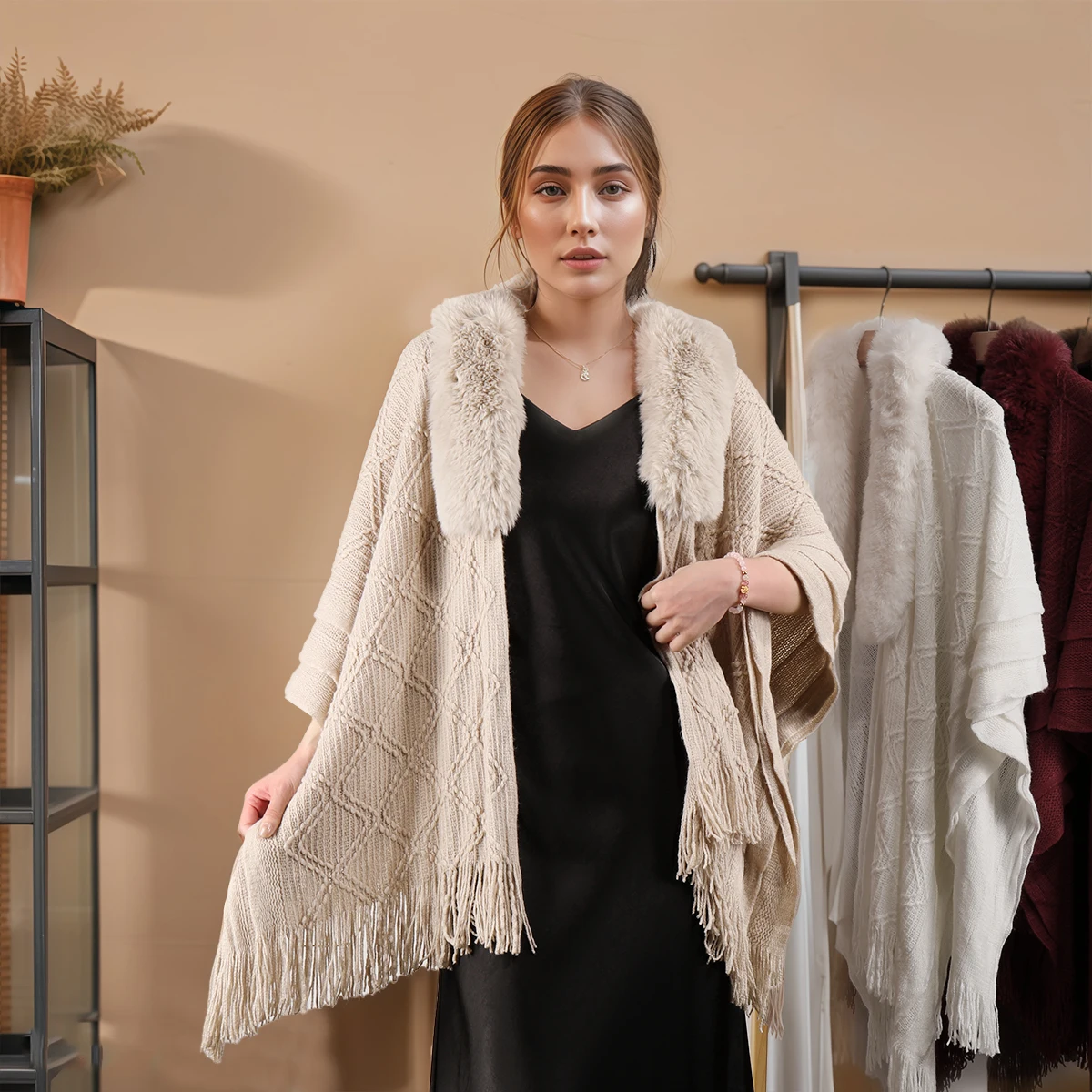 Women's faux fur collar diamond knitted shawl, vintage tassel loose cape, warm multifunctional shawl view 5