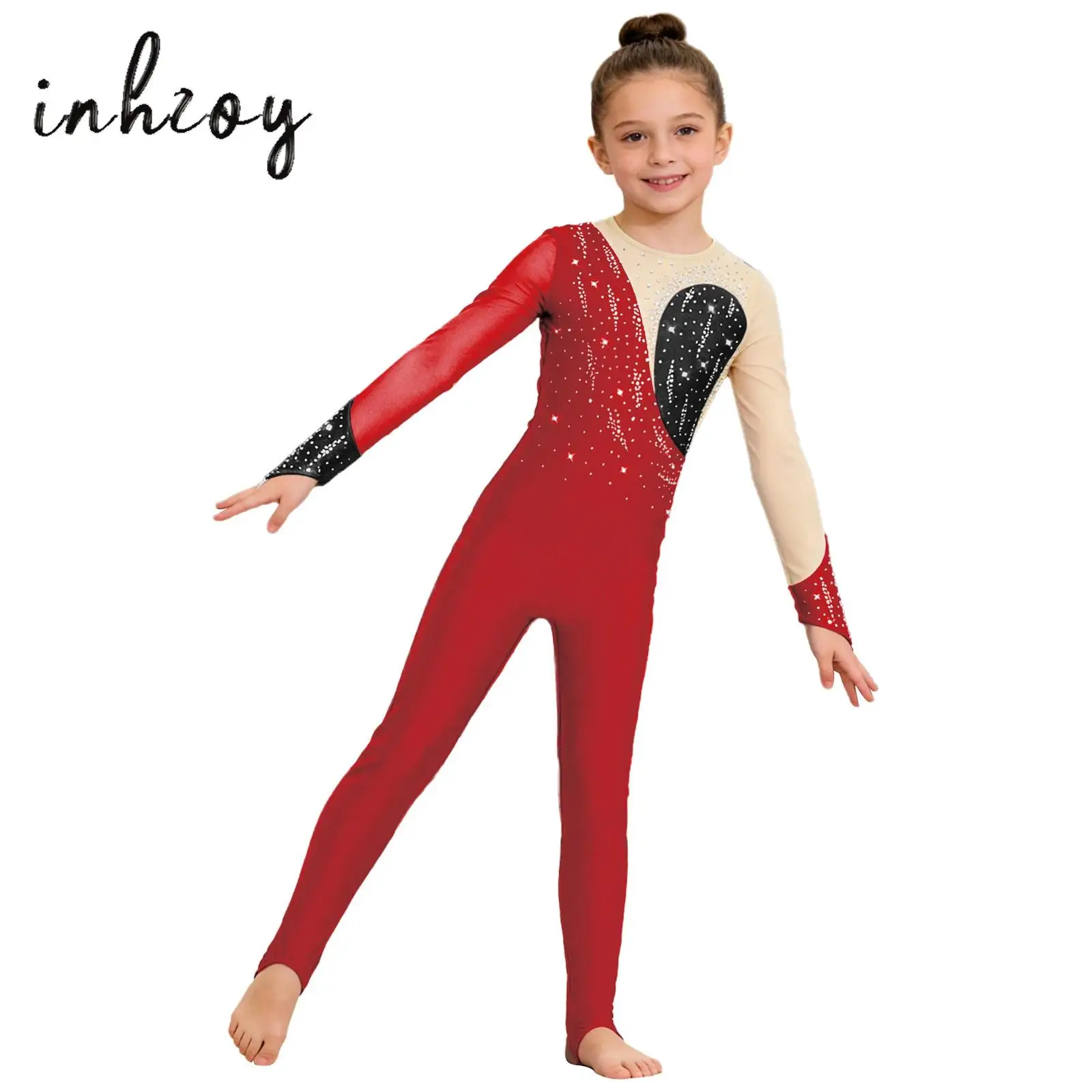 Girls Dance Color Block Stirrup Unitard Kids Ballet Skate Gymnastics Full Body Leotard Long Sleeve Bodysuit Children Jumpsuit