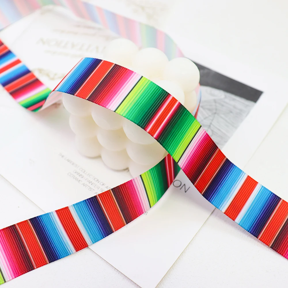 25mm Mexican Rainbow Stripes Printed Grosgrain Ribbon Handmade Hair Bows Materials Gift Packing DIY Sewing Accessories