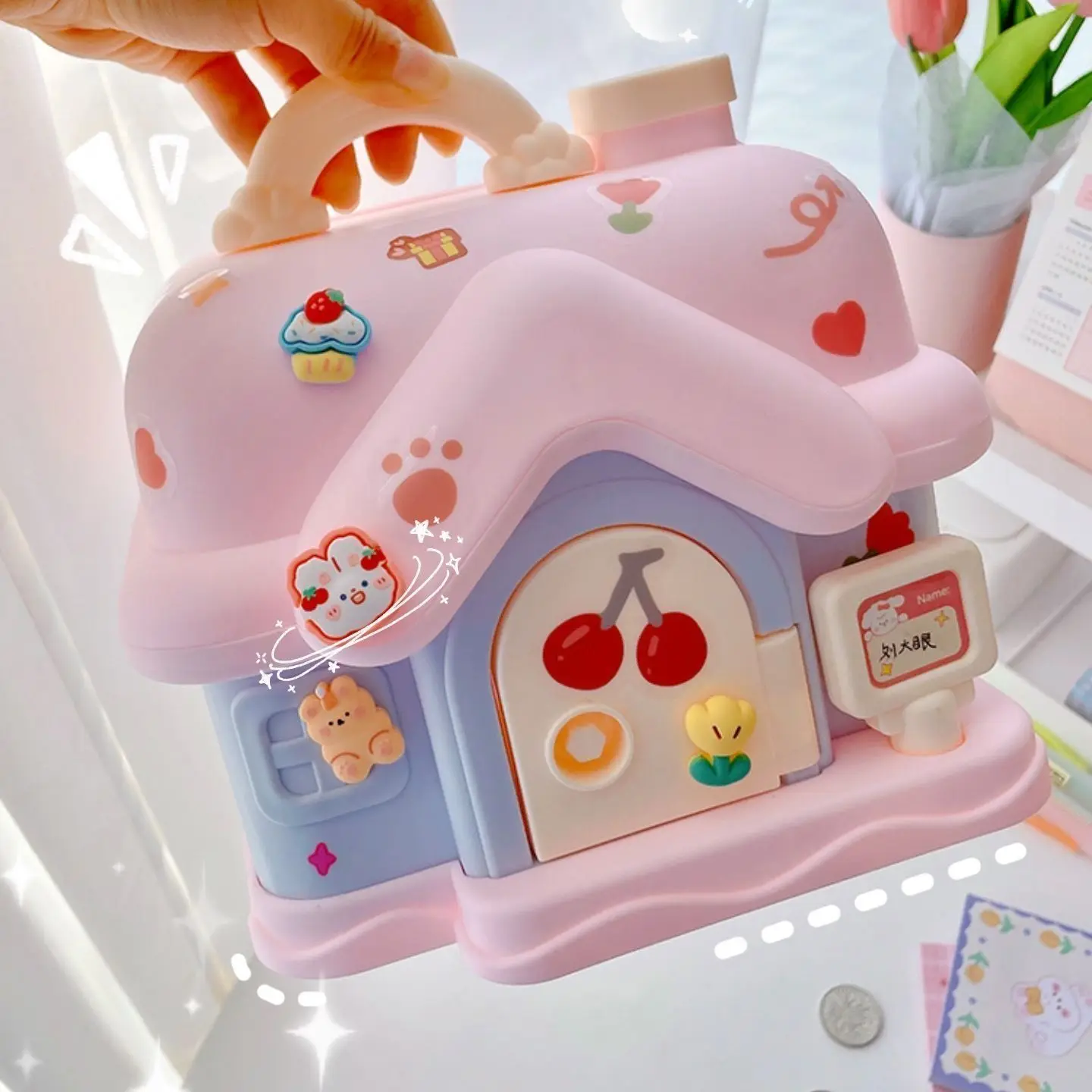 صندوق نقود قابل للقفل مع مفتاح، ملصقات PVC بتصميم عشوائي، بنك التوفير للأطفال، حصالة على شكل حيوان للنقود والعملات المعدنية