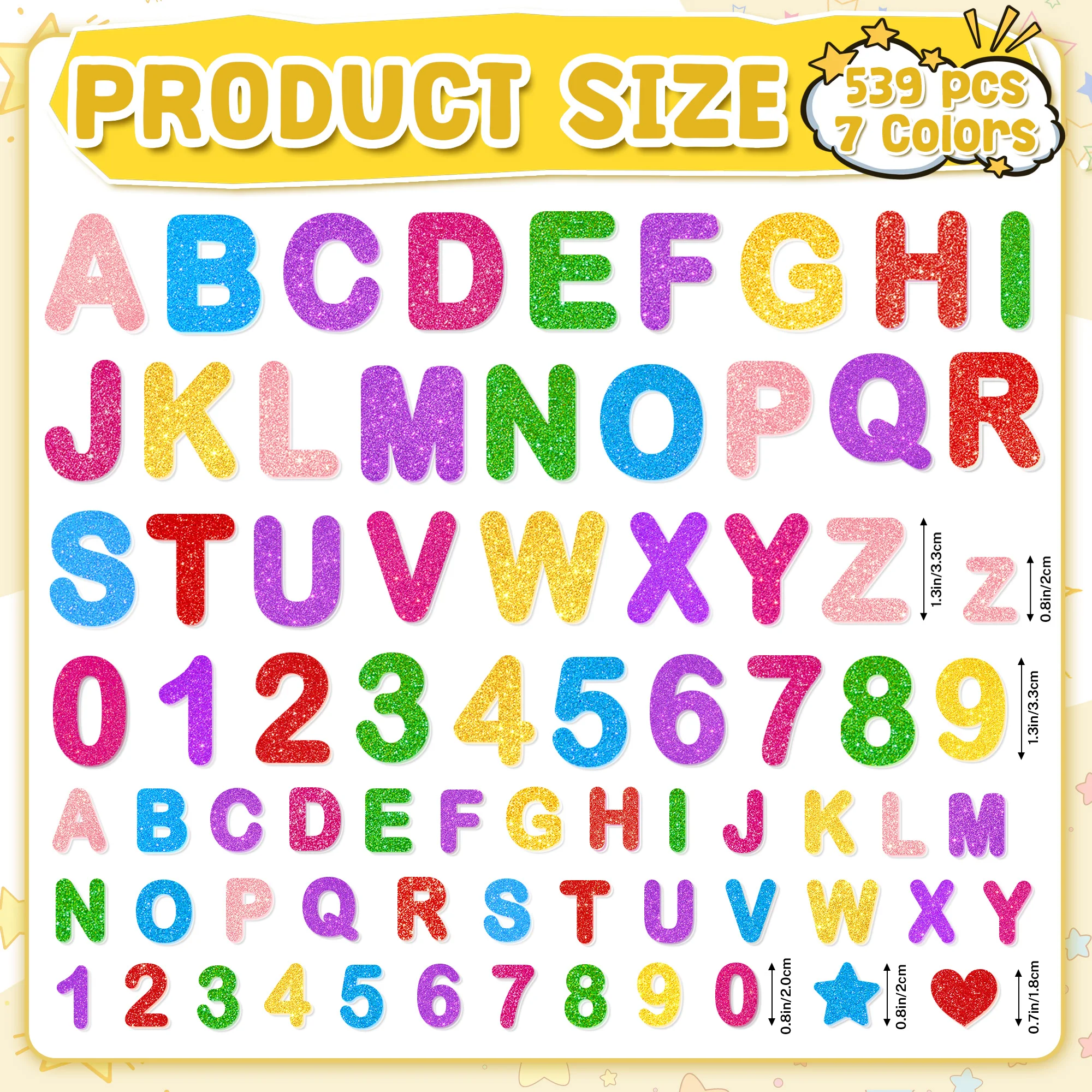 7 Colors 539Pcs Glitter Alphabet Number Stickers Self Adhesive Decals Multisize For Kids DIY Crafts Journaling Classroom Decor