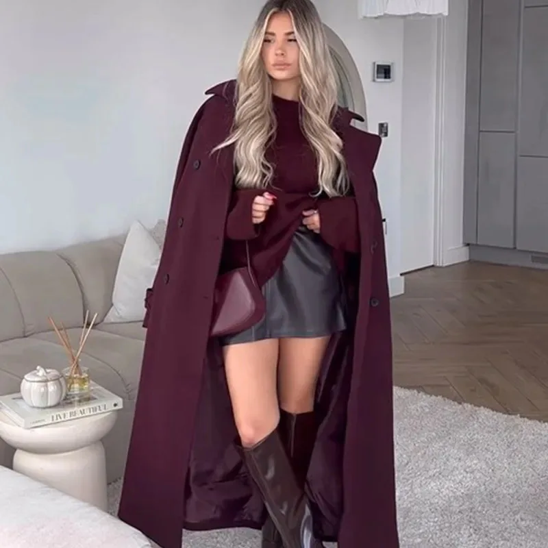

Luxury Women Burgundy Lapel Maxi Overcoat Chic Autumn Winter Double-breasted with Belt Female Jacket Design Trend Trench Coats