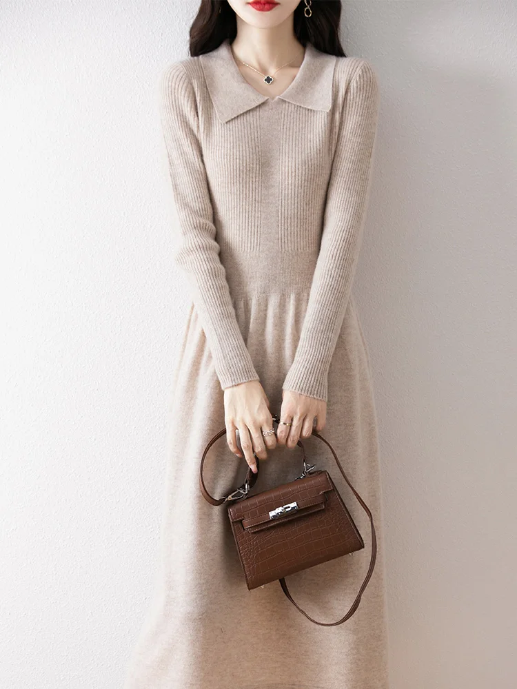 

100% Pure Wool Pulllover Dress Autumn Winter Staple Women's Polo Collar Knitted Basic Solid Slim Cashmere Long Sleeve Skirts