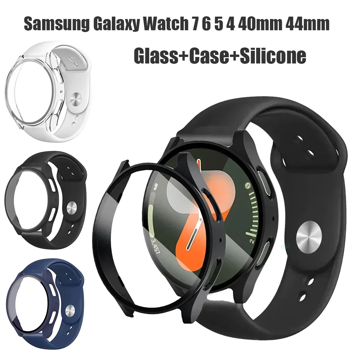 Paquete de 2 unidades de vidrio templado + funda + correa de silicona para Samsung Galaxy Watch 4 5 6 7 40mm 44mm cubierta protectora de pantalla para Galaxy Watch 6 7