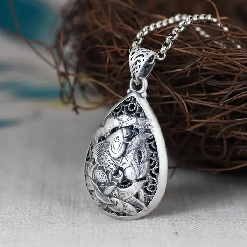 قلادة فضة قديمة مع زهرة لوتس محفورة ، قلادة متدلية ، سلسلة عارضة ، مجوهرات ساحرة ، طراز وطني ، كلاسيكي ، جديد