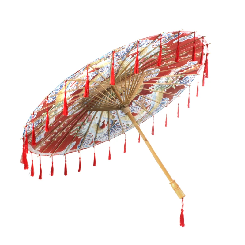 Rainproof Handmade Chinese Oiled Paper Umbrella with Red Tassel