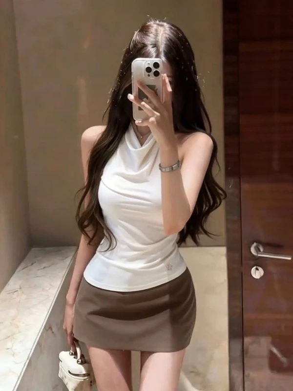 

Summer Sexy Two-Piece Set Women's Pure Desire Neck Hanging Sleeveless Vest High Waist A-Line Skirt Fashion Ensemble