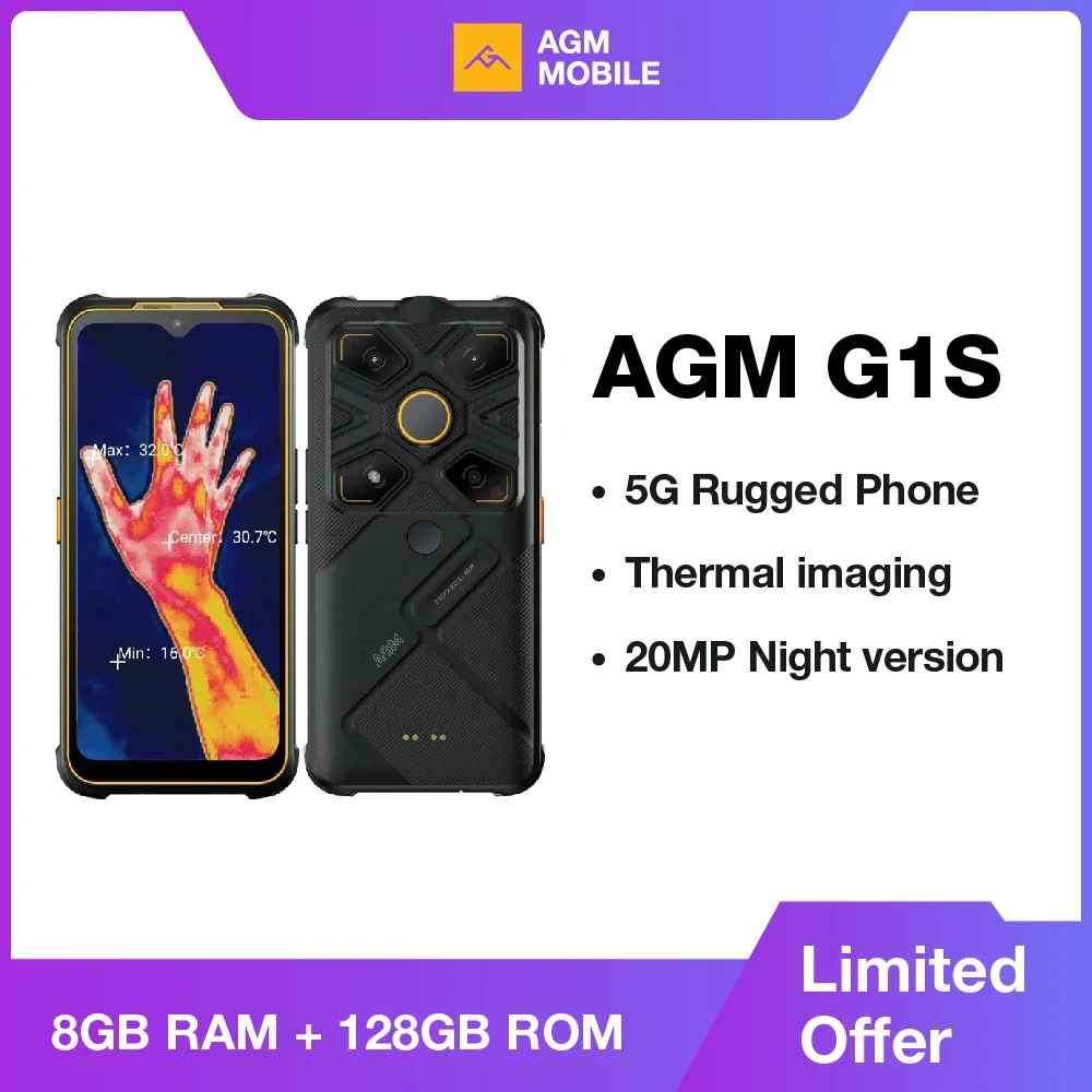 Agm Glorie G 1S 5G Robuuste Telefoon, Thermische Beeldvorming, 8Gb 128Gb, 5500Mah, Ip68 Ip 69K Waterdicht, 6.53 "Fhd, 48mp Kwam