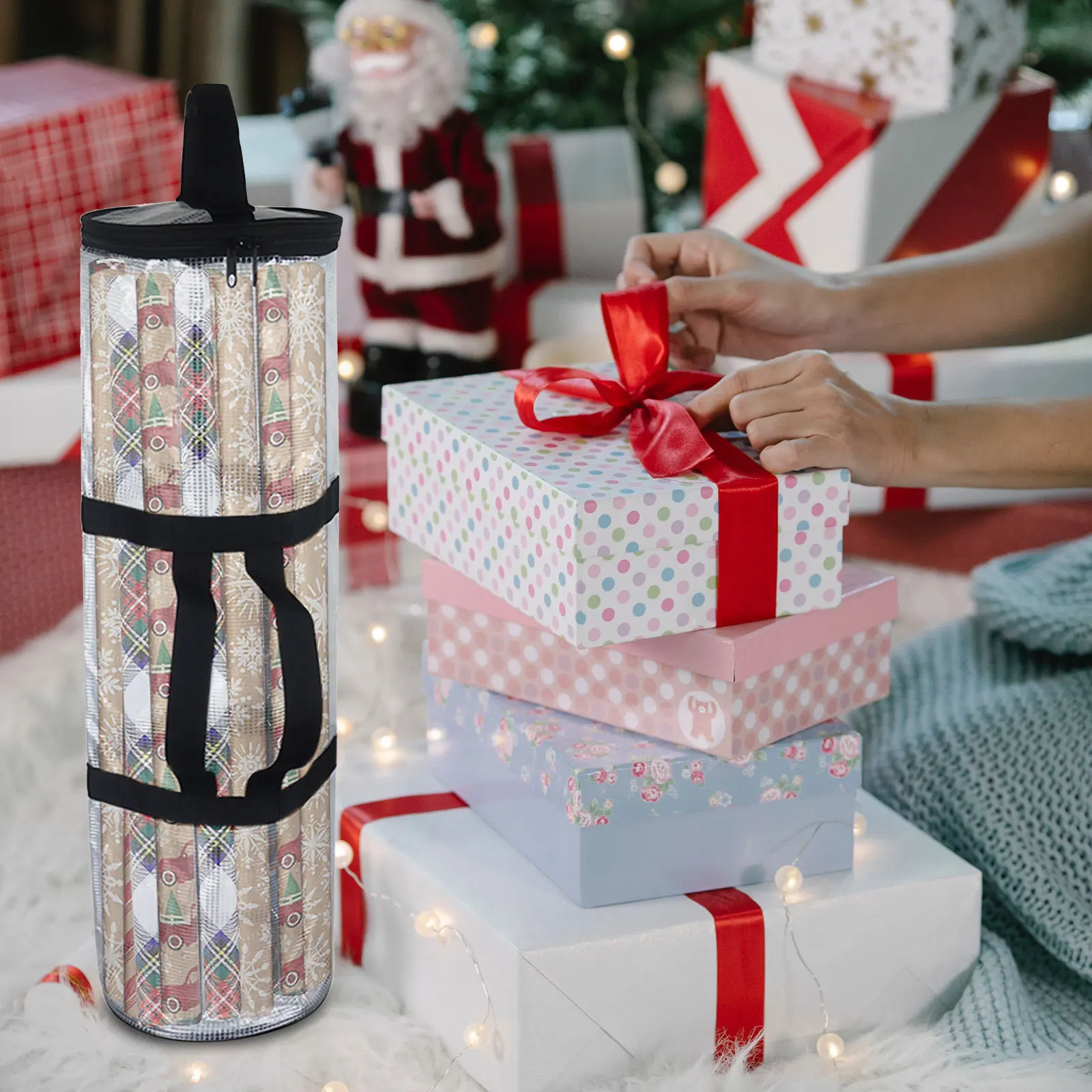 1pcs Gift Wrap Storage Organizer Cylinder-Shaped Christmas Gift Pouch Holder For Wrapping Paper Rolls Party Supplies Packing