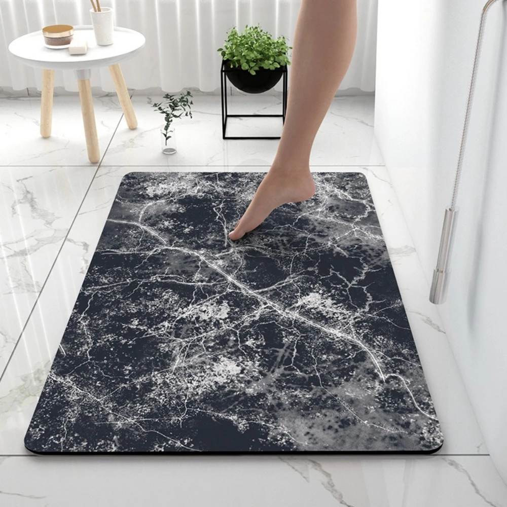 Black White Crack Marble Print Bath Mat Quick Dry Shower Rug Natural Rock Vein Minimal Graphic For Restroom Anti Slip Pad