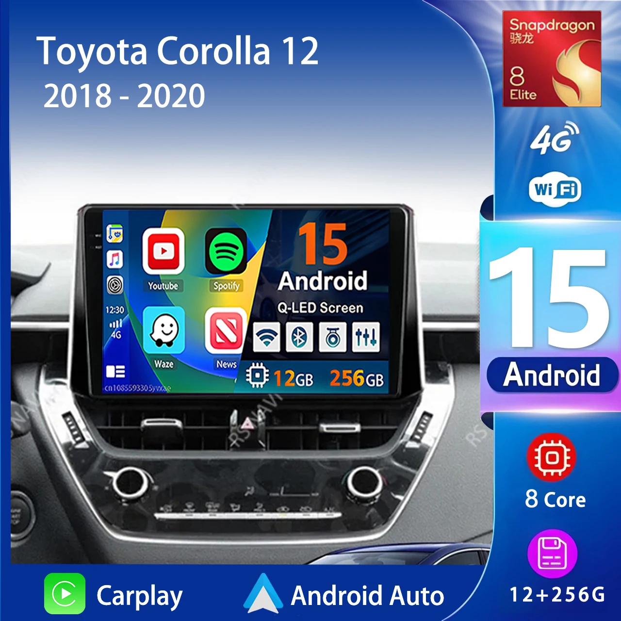 Radio Multimedia para Auto con Pantalla 2K y Android 16 Carplay para Toyota Corolla 12 2018-2020, Autoradio GPS Estéreo