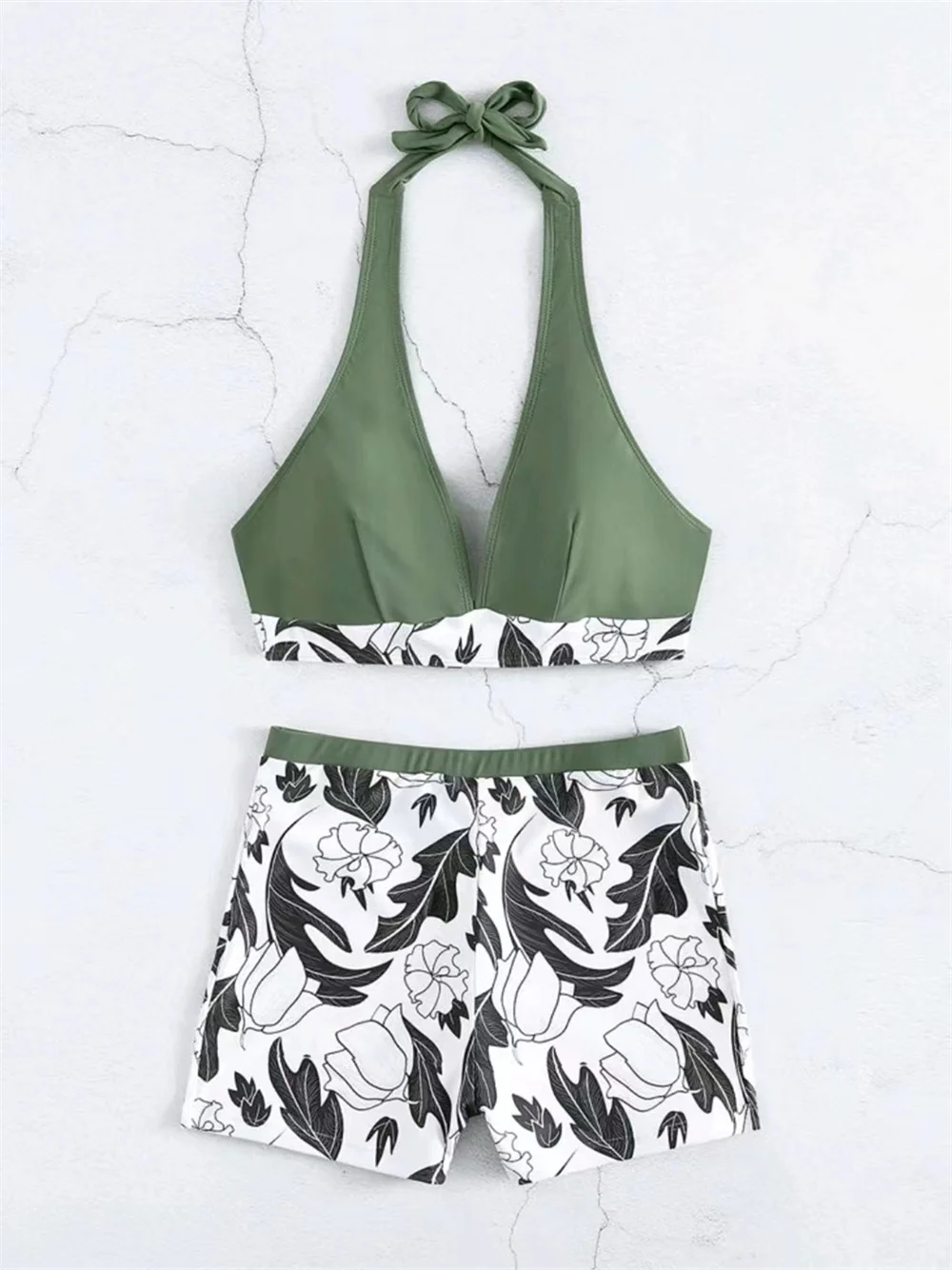 Vintage Print Shorts Set High Waist Bikini Floral Patchwork Push Up Swimwear Halter Bandage Swimsuit Women Trunk Beach Bath Suit