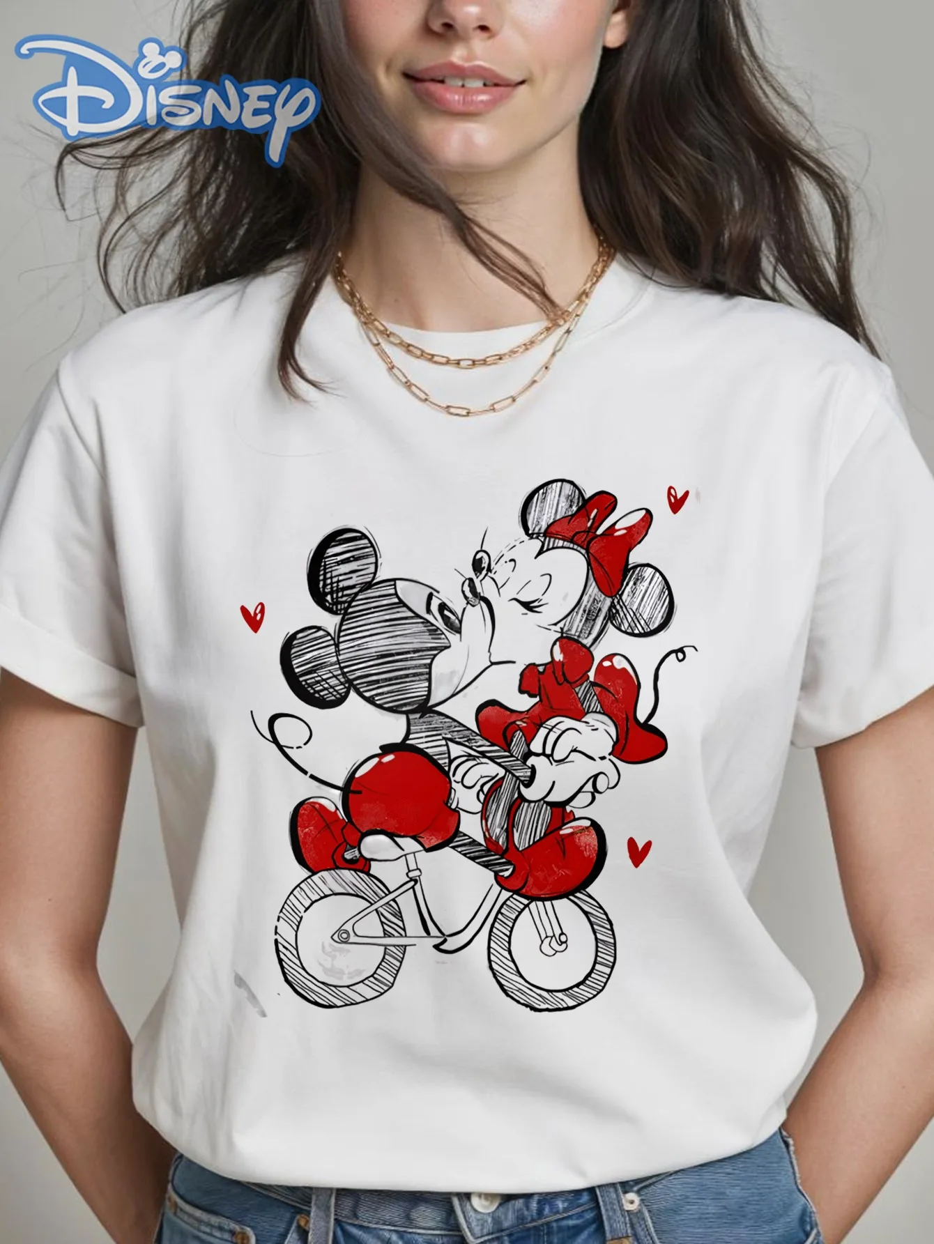 

2025 Disney Pattern Printed Women's Casual Comfortable Unique Smiling Face Black Round Neck Short Sleeve T-shirt