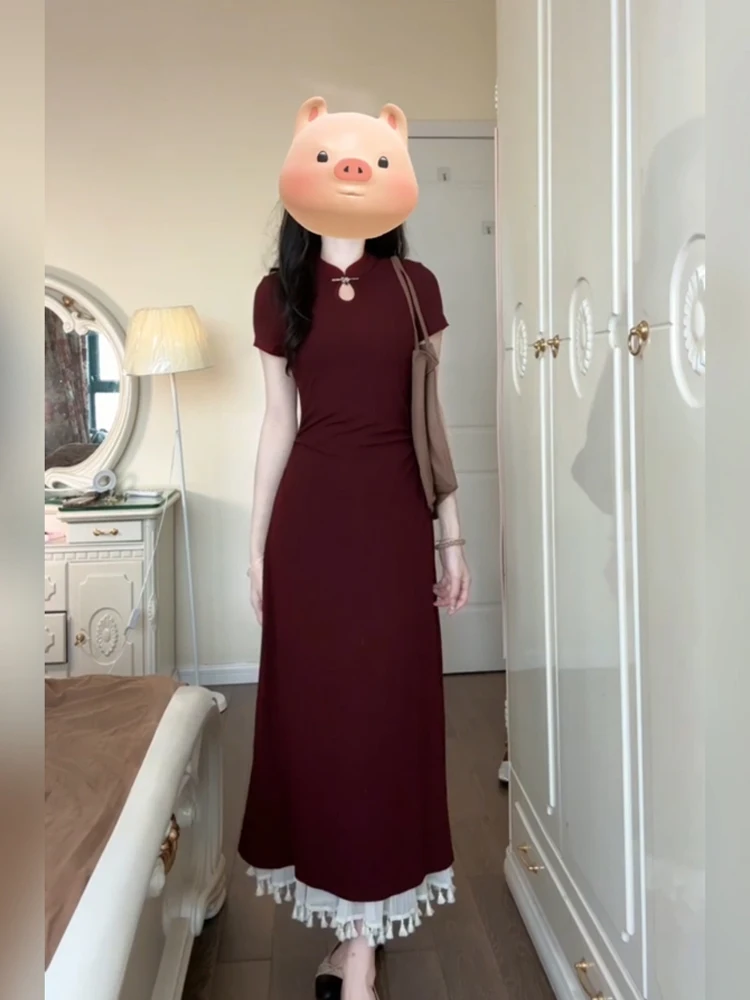 

Red New Chinese Style Dress Women's Summer Casual Long Skirt Partywear Polyester Fiber Short Sleeve Stand Collar