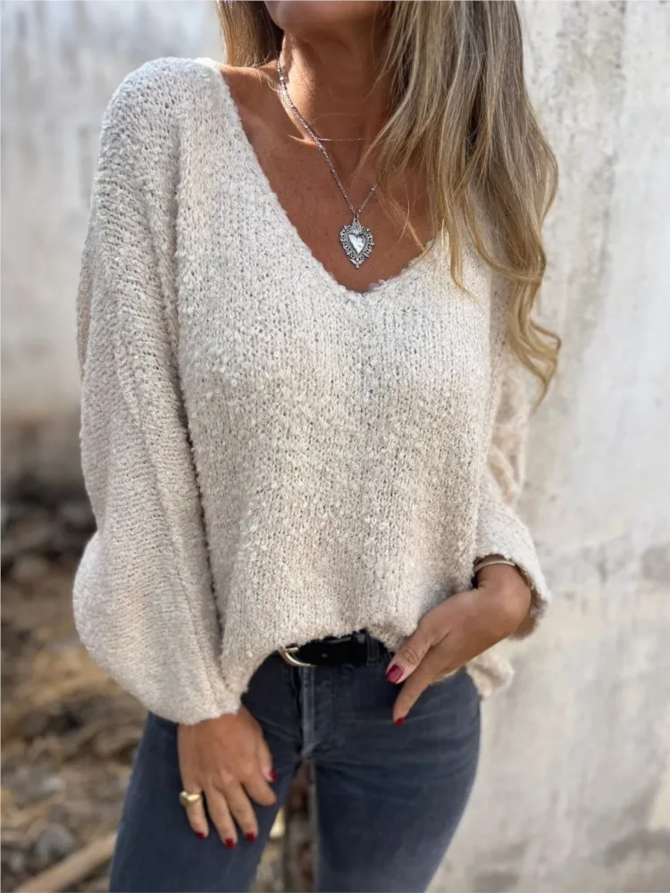 

Woman's Casual Solid color Knitted Hollow out loose Sweater Autumn winter Fashion V-Neck Long Sleeve Sweater top for Women 2025