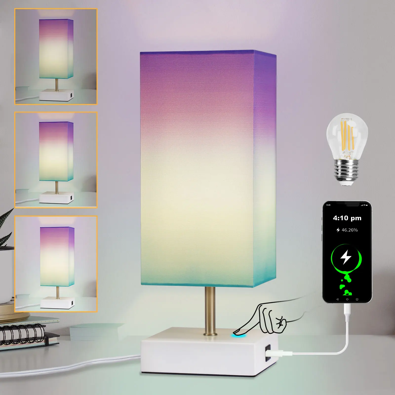 

3 Way Dimmable Nightstand Lamp Table Bedside Light for Bedroom Touch Control with USB Charging Port LED Bulb Included