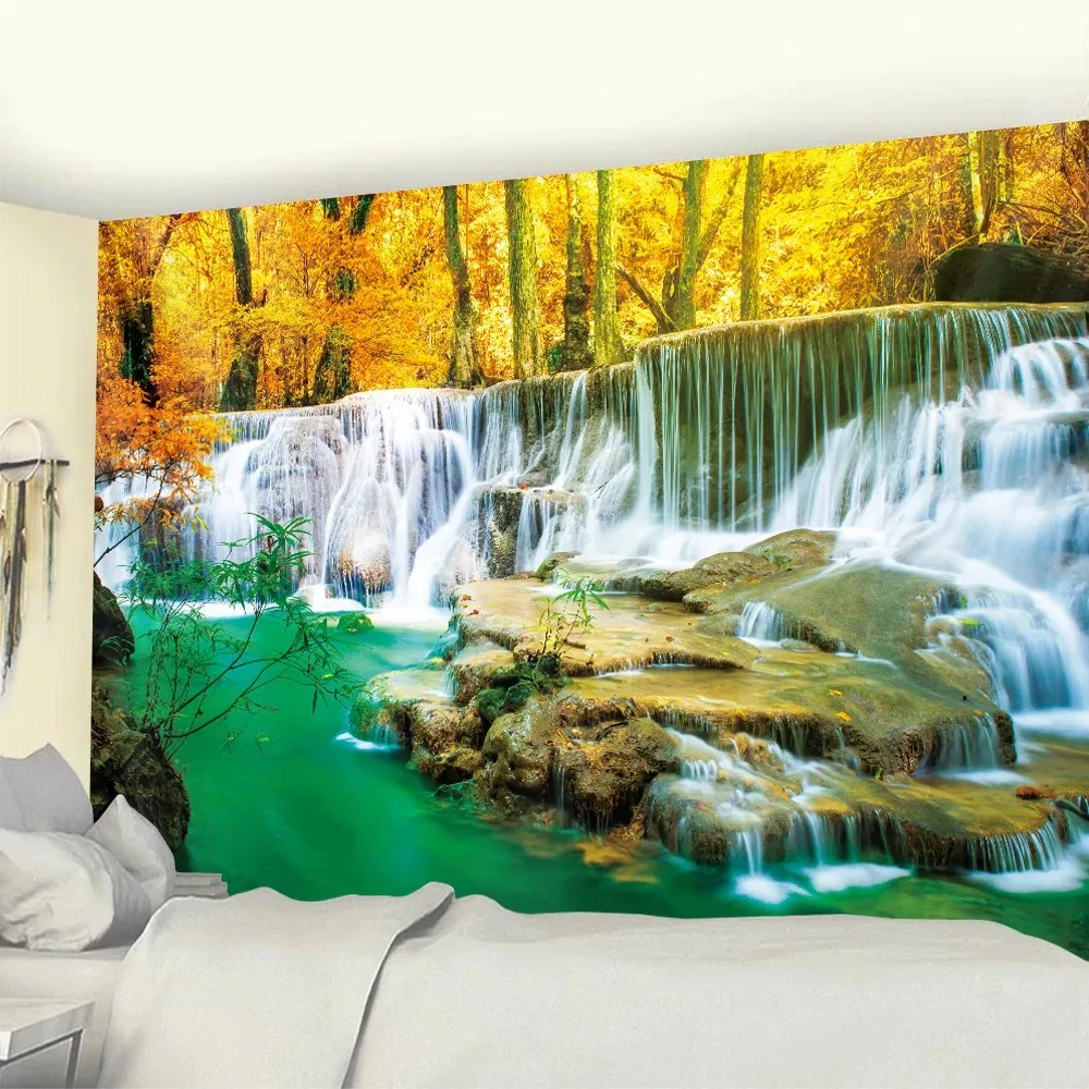 VIKAMA Lush Green Waterfall Nature Tapestry Forest Stream Scenery Wall Hanging Calming Decor for Bedroom Living Room Home Decor