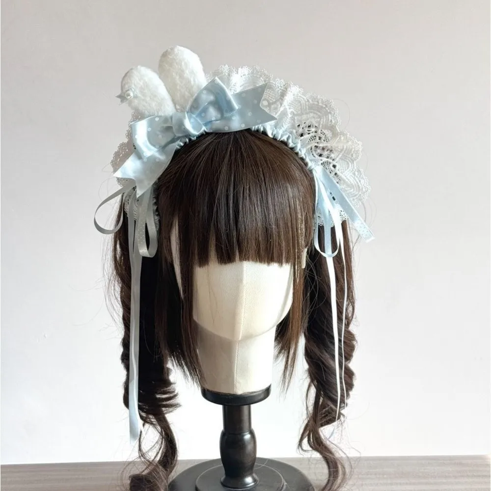 New Polka Dot Bow Bunny Ear Headband Mini Bunny Ear Lace Trim Ribbon Hairband Lolita Style Bow Headband Hair Styling