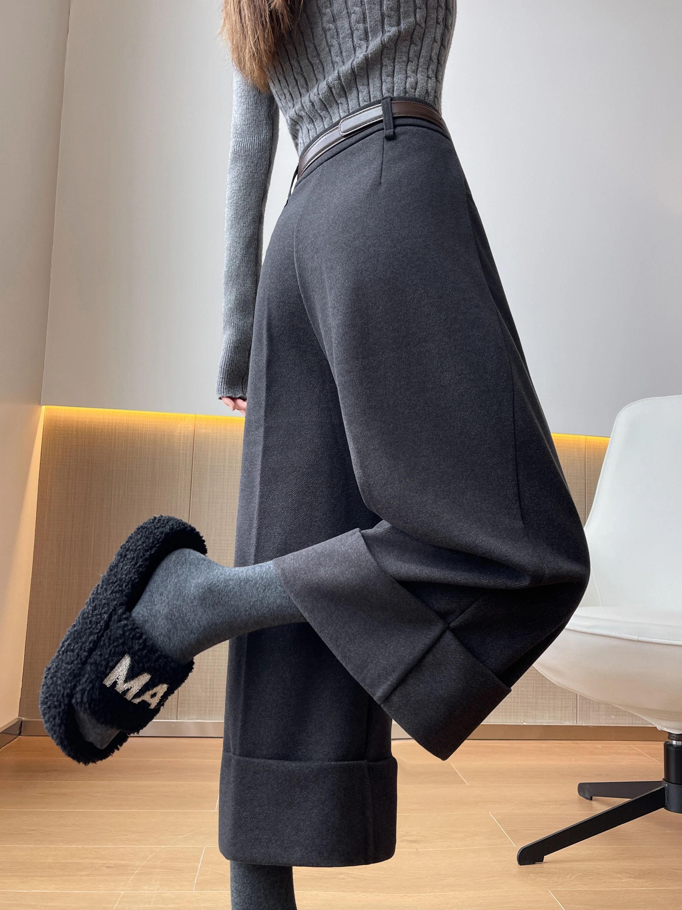 กางเกงขายาวทรงตรงผ้าวูลสำหรับผู้หญิง สไตล์ลำลอง ใส่ได้ทั้งฤดูใบไม้ร่วงและฤดูหนาว ไซส์เล็ก เอวสูง ทรงหลวม