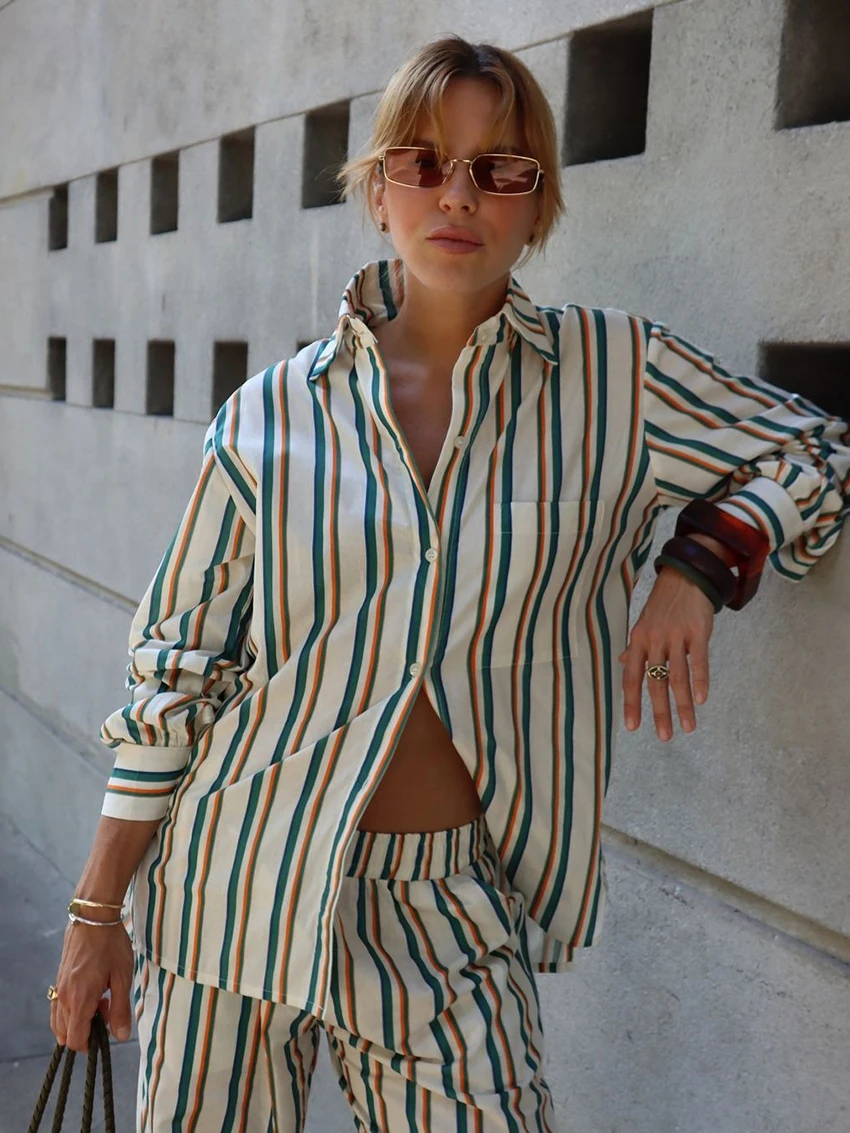 Marthaqiqi Striped Loose Women'S Nightwear Set Long Sleeve Nightgowns Turn-Down Collar Pajama Pants Casual Ladies Sleepwear Suit