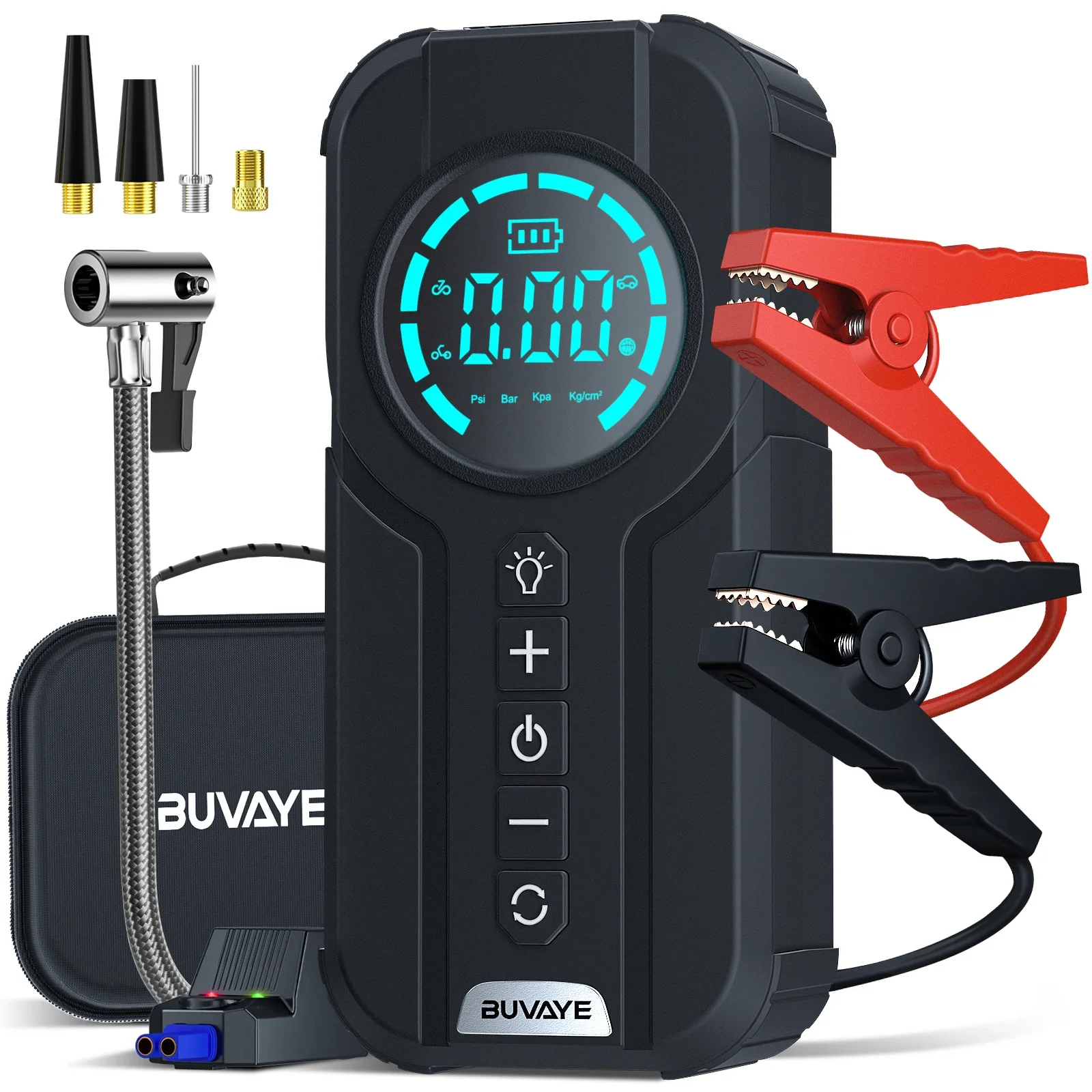 BUVAYE 10000mAh Jump Starter Power Bank with Air Compressor And Lighting Features for Car Battery Starter And Tyre Inflating