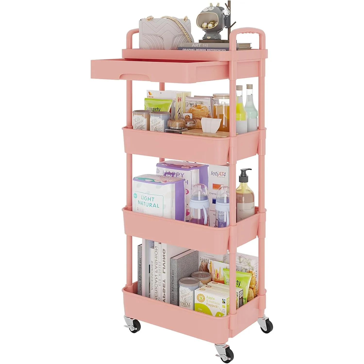 

4-Tier Rolling Utility Cart with Drawer,Multifunctional Storage Organizer with Plastic Shelf & Metal Wheel,Storage Cart,Pink