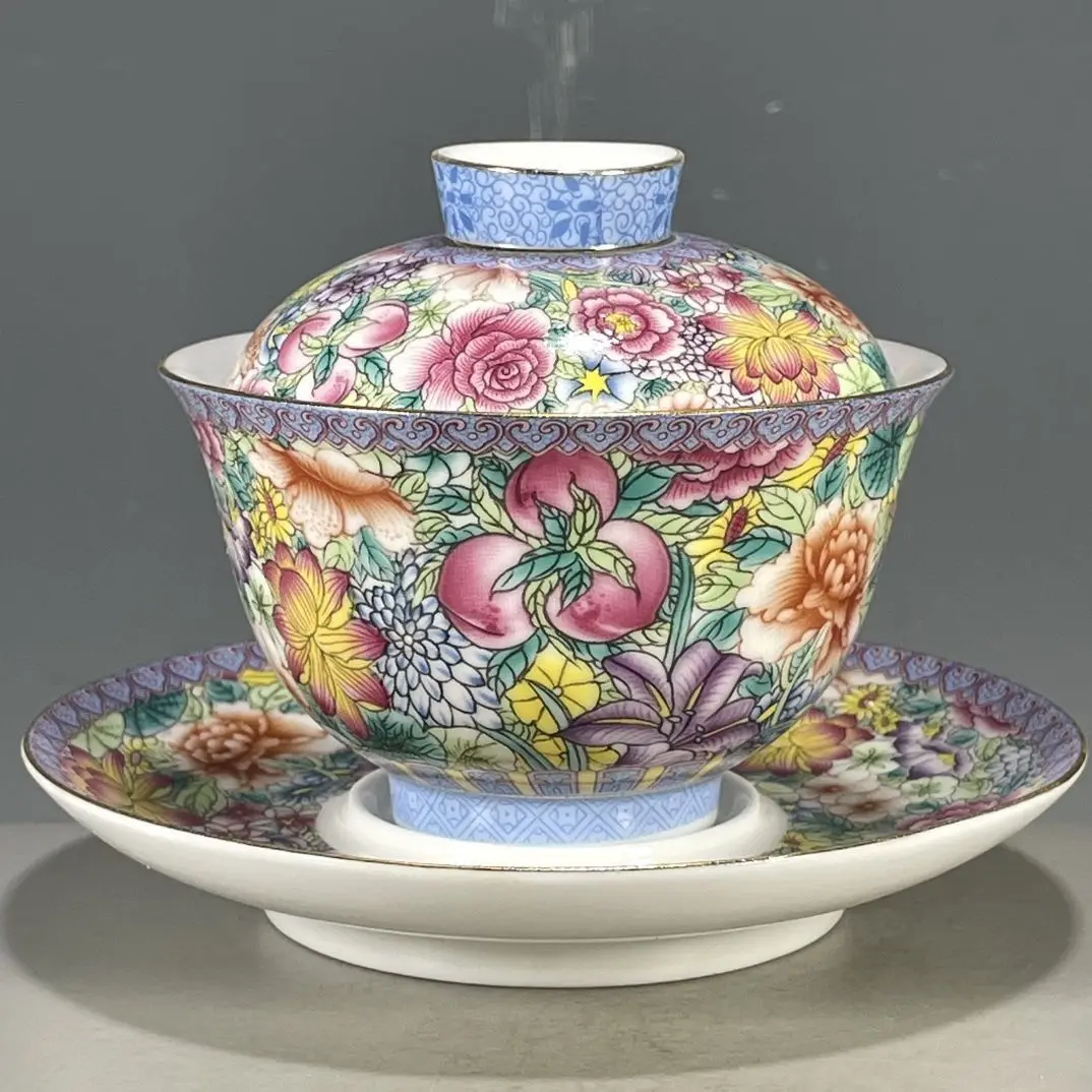 Chinese Vintage Old Kiln Falangcai 3-Piece Gaiwan Hand Painted Flower Oriental Wenwan Collectible