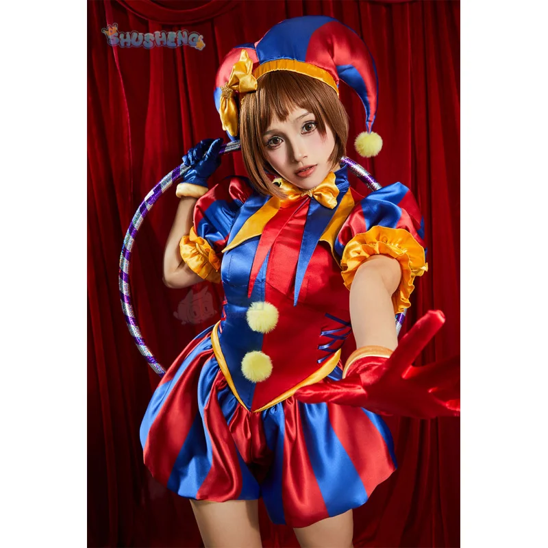 ポムニコスプレマスクセット帽子ジャンプスーツ大人デジタルサーカスコスプレ衣装漫画クリスマスハロウィンパーティーかわいいピエロウィッグセット