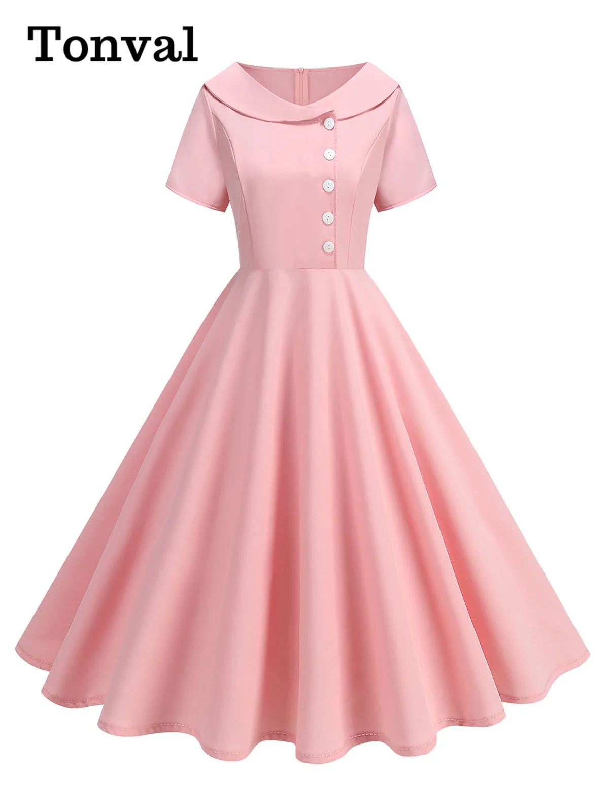 Tonval Peter Pan Collar Buttons Front Pink Solid Vintage Dress Short Sleeve  Summer Women Knee Length 1950s Retro Dresses - AliExpress 200000345