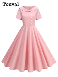 Tonval Peter Pan Collar Buttons Front Pink Solid Vintage Dress Short Sleeve Summer Women Knee Length 1950s Retro Dresses