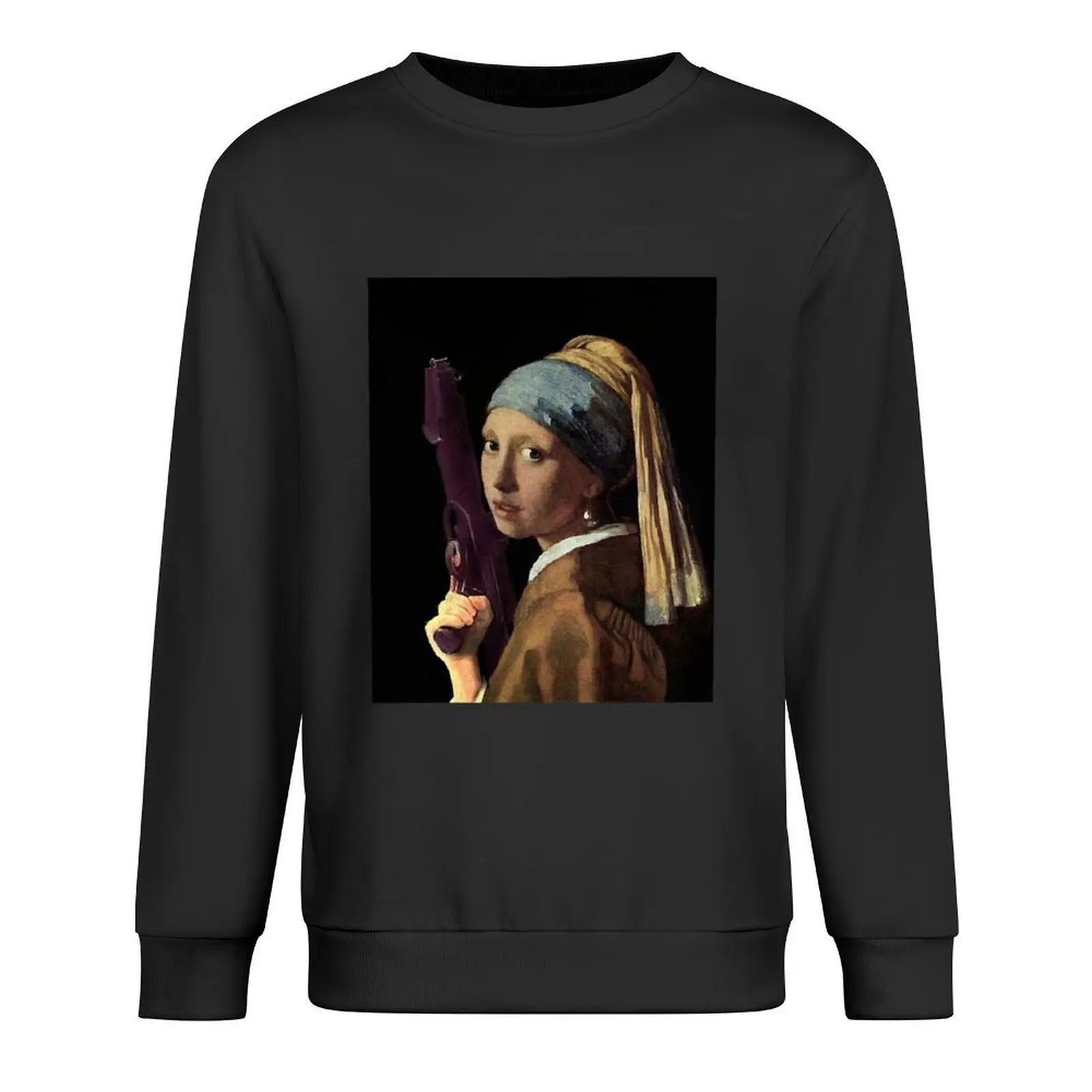 فتاة مع حلق لؤلؤي يحمل مسدس راي - بلوفر مضحك فيرمير المزج يرتدي الرجال ملابس رجالية ملابس للرجال سويت شيرت