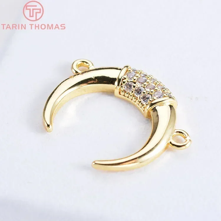 (1506)4PCS 15.5x14.5MM 24K Gold Color Brass with Zircon Moon 2 Holes Connector Pendants Charms High Quality Diy Jewelry Findings