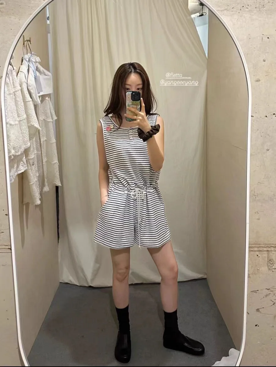 

Летний комбинезон-шорты в корейском стиле Dongdaemun Fltta 2026 с полосками, без рукавов, женские, с высокой талией, широкими штанинами, из тонкого хлопка