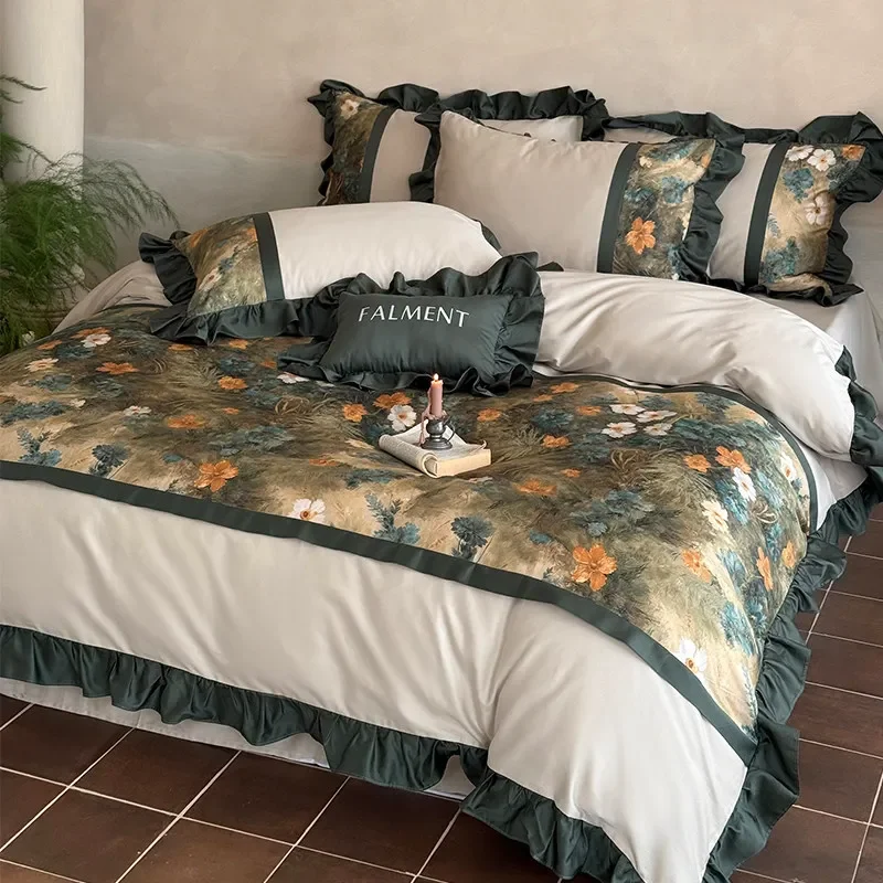 French Retro Bedroom Satin All Cotton Long Staple Cotton Four Piece Set Lace Princess Pure Cotton Duvet Cover Bed Sheet Bedding