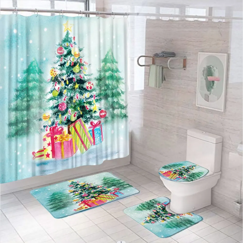 

Green Christmas Tree Gift Bathroom Set Shower Curtain Rug Bath Mat Toilet Cover Xmas Cedar Winter Forest Scenery Bathtub Screen