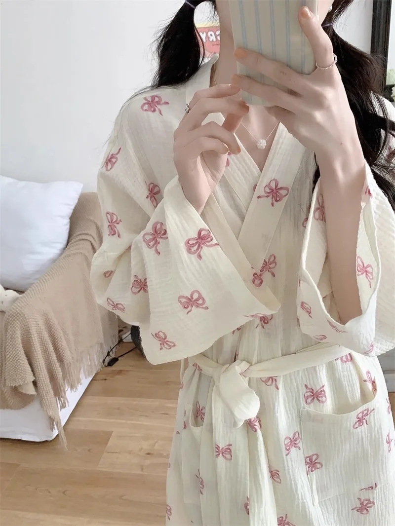 New Arrival Women's Spring/Autumn Korean-Style Simple Comfortable Nightgown Pink Bow Casual Loose-Fit Loungewear Nightdress