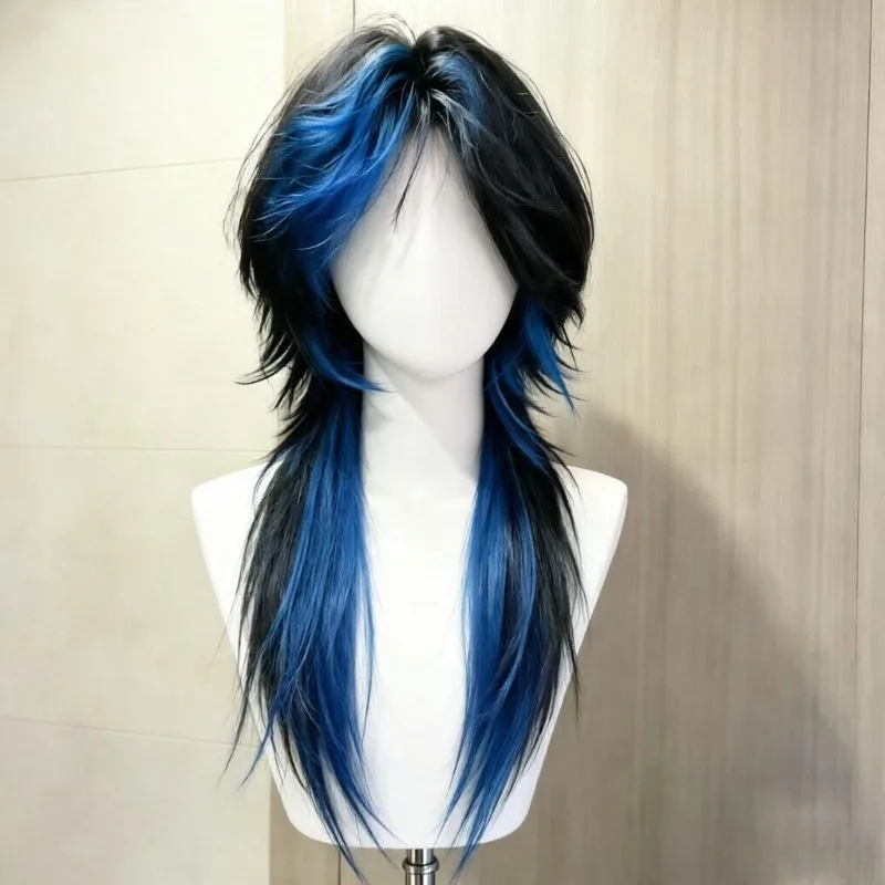 Women Long Wolf Cut Synthetic Full Wig Black with Blue Highlights Mullet Hairstyle Natural Realistic Hair  Daily Cosplay Party