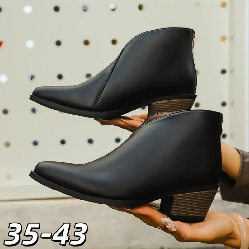 

Pointed Toe Women Ankle Boots Fashion Thick Heel Slimming Short Booties Autumn Winter Soft Leather Female Shoes Plus Size 42 43