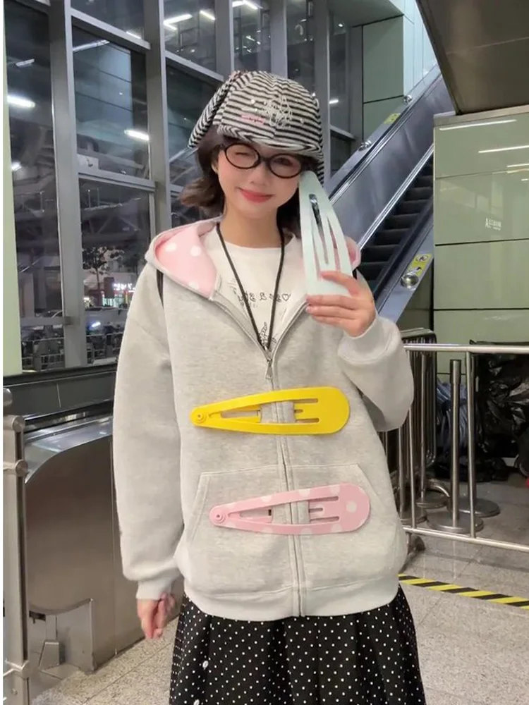 2026 Autumn Winter Women's Y2K Kawaii Oversized Zip Up Hoodie 3D Giant Hair Clip Decor Polka Dot Hood Gray Casual Sweatshirt