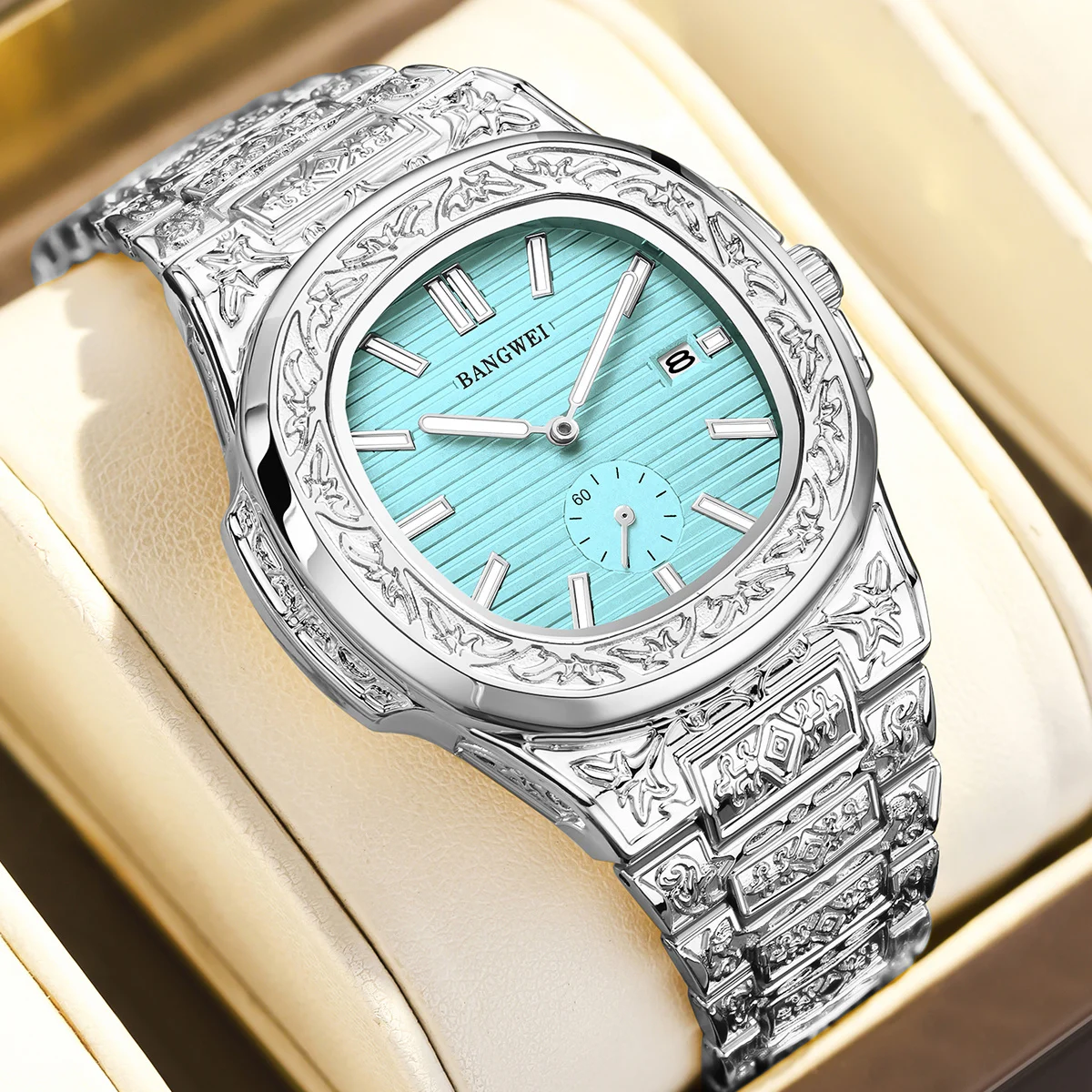 BANGWEI Fashion Luxury Brand High Quality Men Quartz Watches Vintage Flower Pattern Carving Wristwatch  Stainless Steel Watch