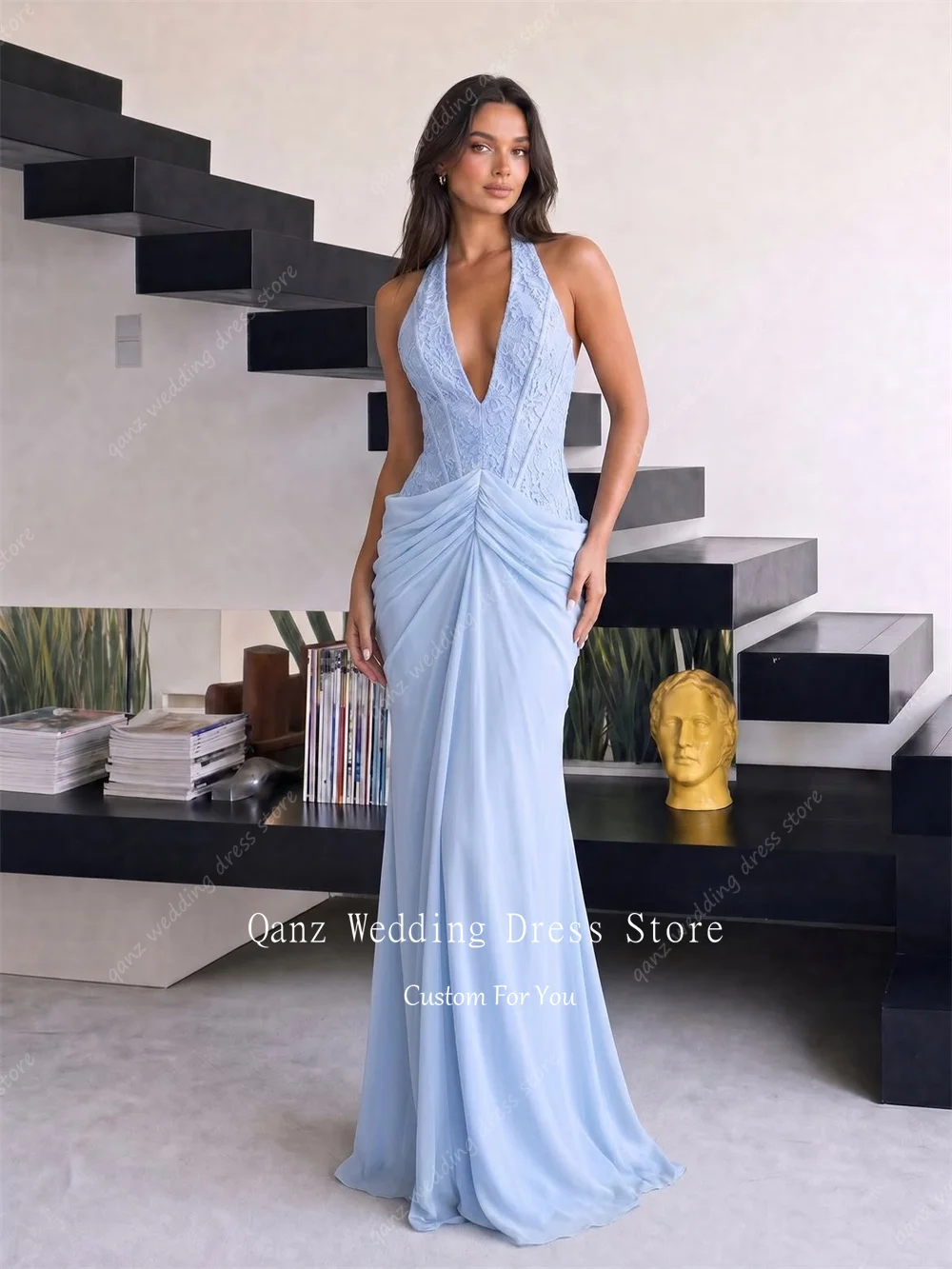 Qanz Light Blue Lace Evening Dresses Sexy Deep V Neck Mermaid Vestidos De Fiesta Chiffon Women Robe De Soirée Customized image 2