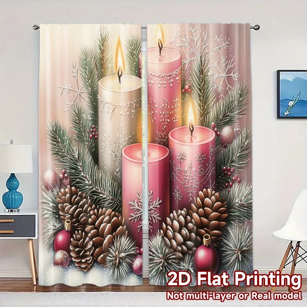 2pcs,Curtains Christmas candles pine cones ornaments (4) Chic Curtain Chic Polyester Easy Install Curtains Home Decor Decorative