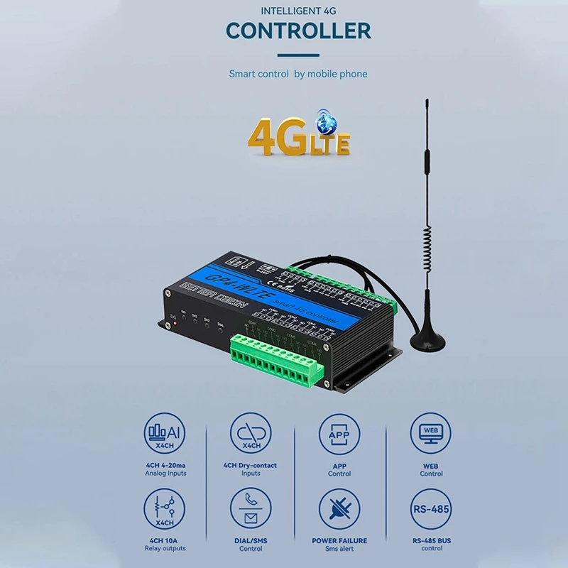 GP4-WLTE Smart 4G Global GSM SMS APP Controller RS485 WEB Control Plastikowe wyjścia przekaźnikowe 10A, wtyczka amerykańska