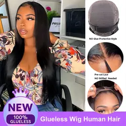 Perruque Lace Closure Wig naturelle brésilienne, cheveux lisses, 5x5 HD, 4x4, pre-plucked, sans colle, prêt à l'emploi