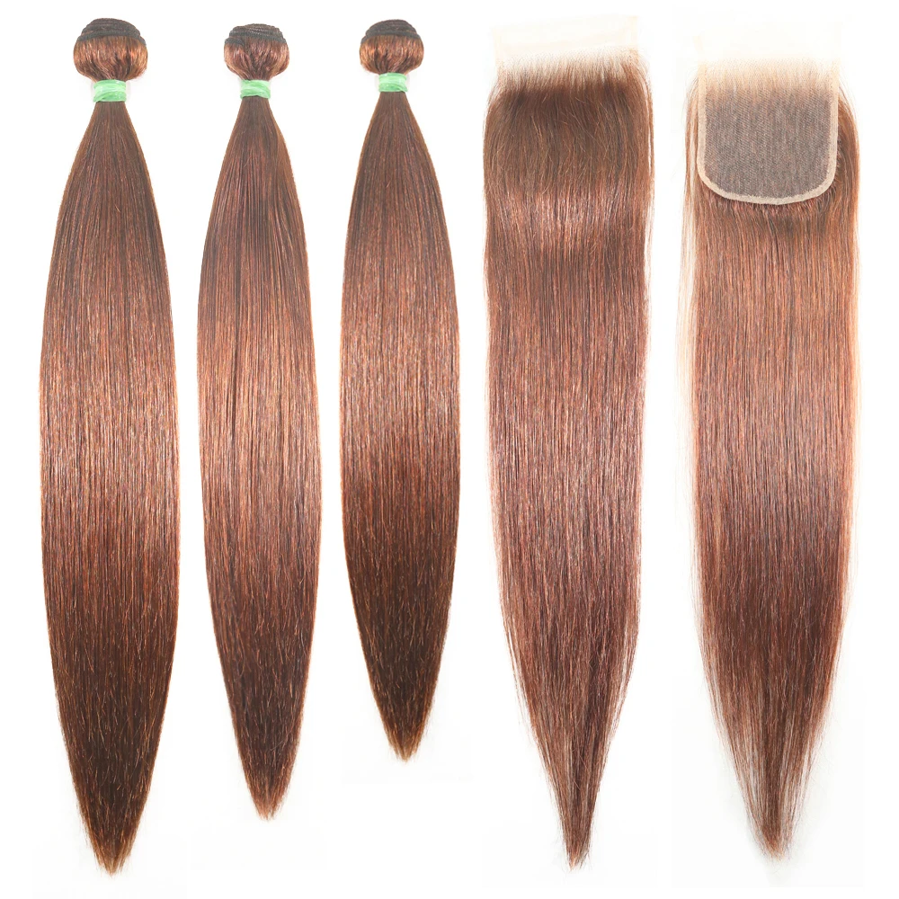 Pacotes retos de cabelo humano com fechamento para mulheres, remy hair weave, castanho chocolate, brasileiro, 10-30in, #4