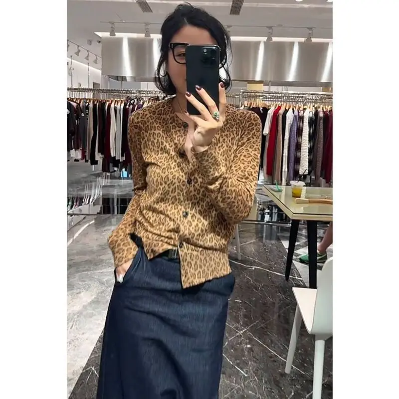 

French Retro Literary Design Leopard Print Top for Women Early Autumn New Style Slimming Comfortable and Versatile Long-sleeved