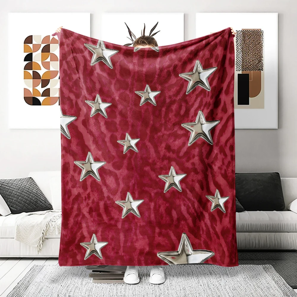 Red Leopard Silver Stars Flannel Blanket Perfect For Sofa Office Bed Travel Sleep Read Relax Camping Four Season Use