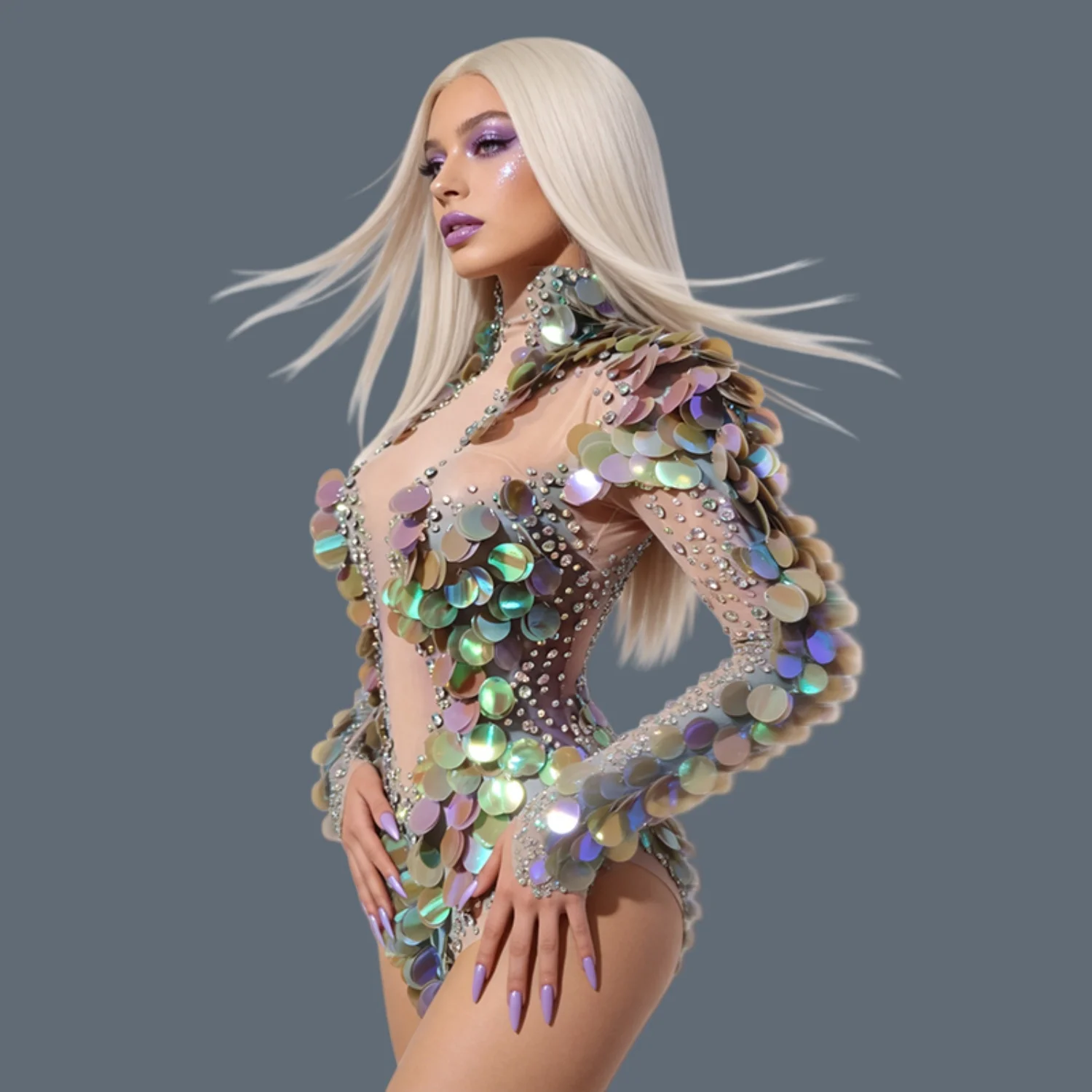 Sparkly Large Sequin See Through Mesh Bodysuit Long Sleeve Rhinestone High Neck Sexy Outfit Female Stage Club Dance Costume Yupi
