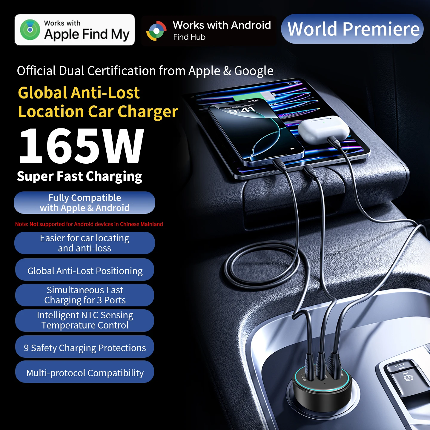 165W Car Charger USB Type-C with iPhone GPS Locator Tracker for Apple Find My App Android Phone Find Hub APP Anti-loss Locator