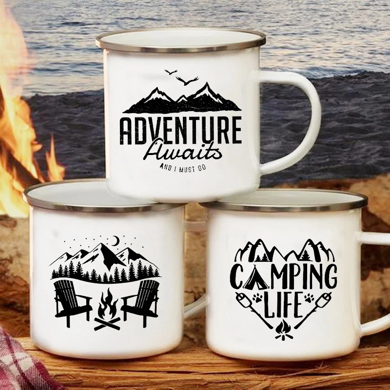 Enamel Camping Cups Adventure Awaits Camping Mugs Happy Campers Campfire Cup Outdoor Campervan Coffee Handle Mug Camper Van Gift